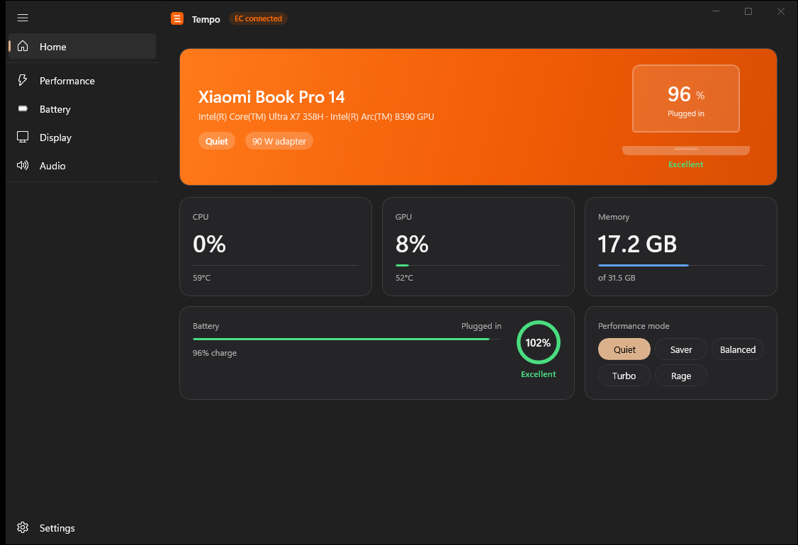 Tempo Home dashboard showing device info, live CPU/GPU/Memory telemetry and battery health