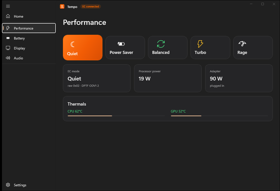Tempo Performance page with Quiet, Power Saver, Balanced, Turbo and Rage mode tiles, power draw and thermals